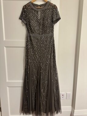 Adrianna Papell Gray Beaded Short Sleeve Maxi Gown